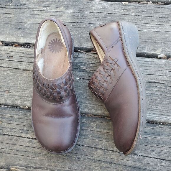 UGG Australia Anila Basket Weave Brown Leather Shearling Lined Clogs 9 - Picture 2 of 9